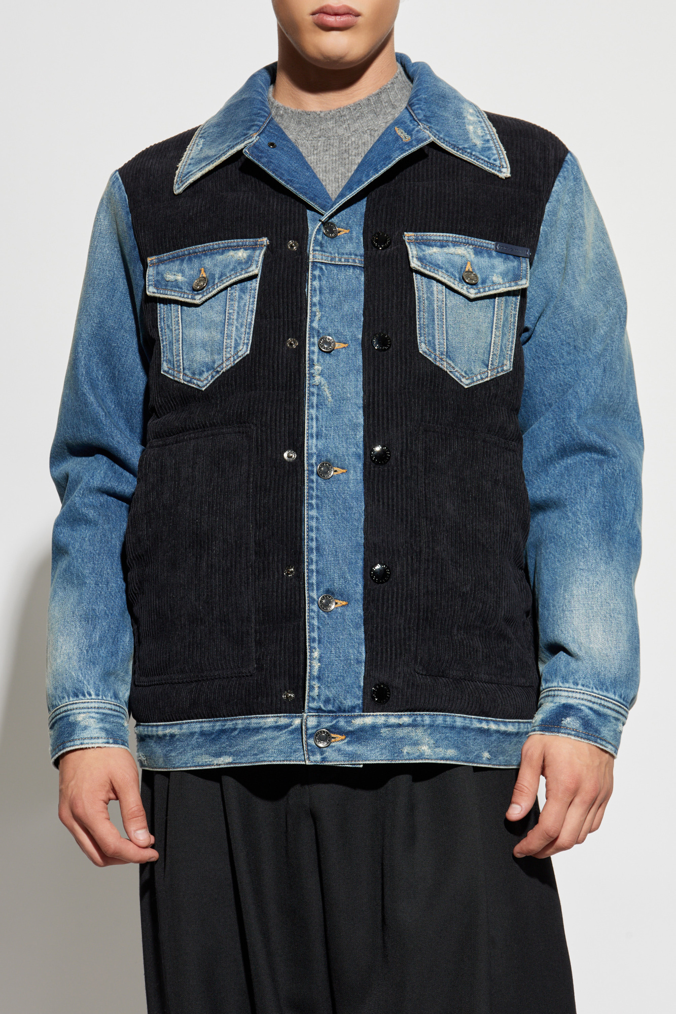 DOLCE&GABBANA カバーオールジャケット Black Denim jacket with corduroy inserts Dolce & Gabbana